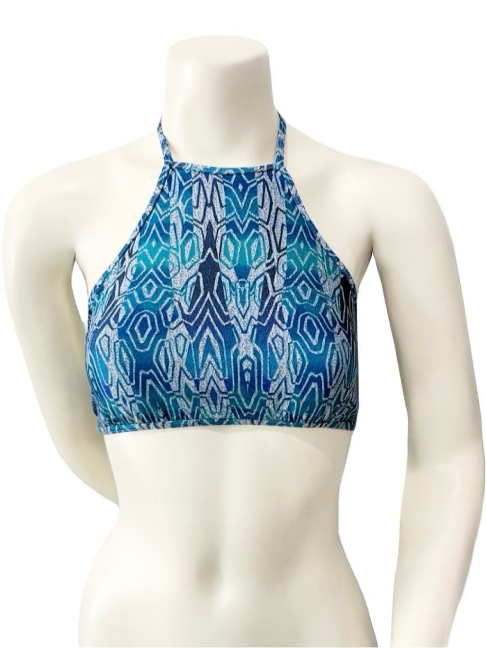 Hurley Blue Geometric Print Halter Bikini Top Women’s S/M Tie Back Swimwear